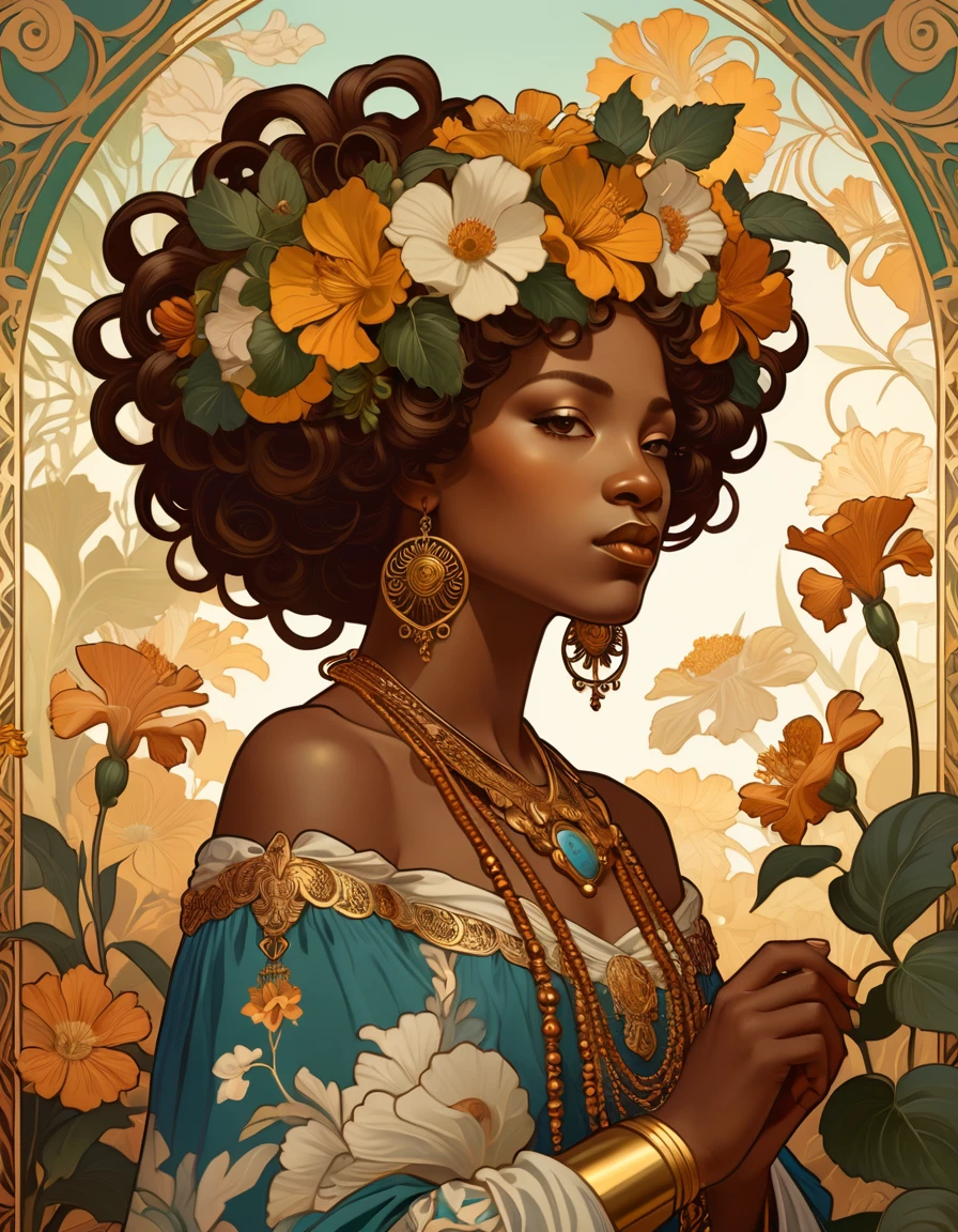 old (Masterpiece, Best Quality, Highres:1.2) Art Nouveau Style Beautiful African Woman with large Hair Shaped as Flowers and large necklaces in the Style of Alphonse Mucha, portrait of a beautiful cute, Gestures of Roman Art, Dreamy Looks, Full of Romanticism, very beautiful, standing artistically, realistic natural, professional light distribution, very artistic lighting gradation, artistic detail, highly detailed, centered, Nymph-pattern vintage wallpaper with dramatic backlighting casting deep shadows, featuring a meticulously crafted illustration inspired by Dan Mumford and Alphonse Mucha, hyper-realistic and photorealistic textures, extremely detailed with intricate floral and foliage elements, octane rendered in 8K (extremely detailed 8k wallpaper), Golden ratio, hidden ancient African symbols (, Spiral), balanced design, color harmony, Vernis Martin, golden, ancient mythology, artistically twisted edges, reminiscent of old-world craftsmanship with a contemporary edge, volumetric lighting, ultra fine details.