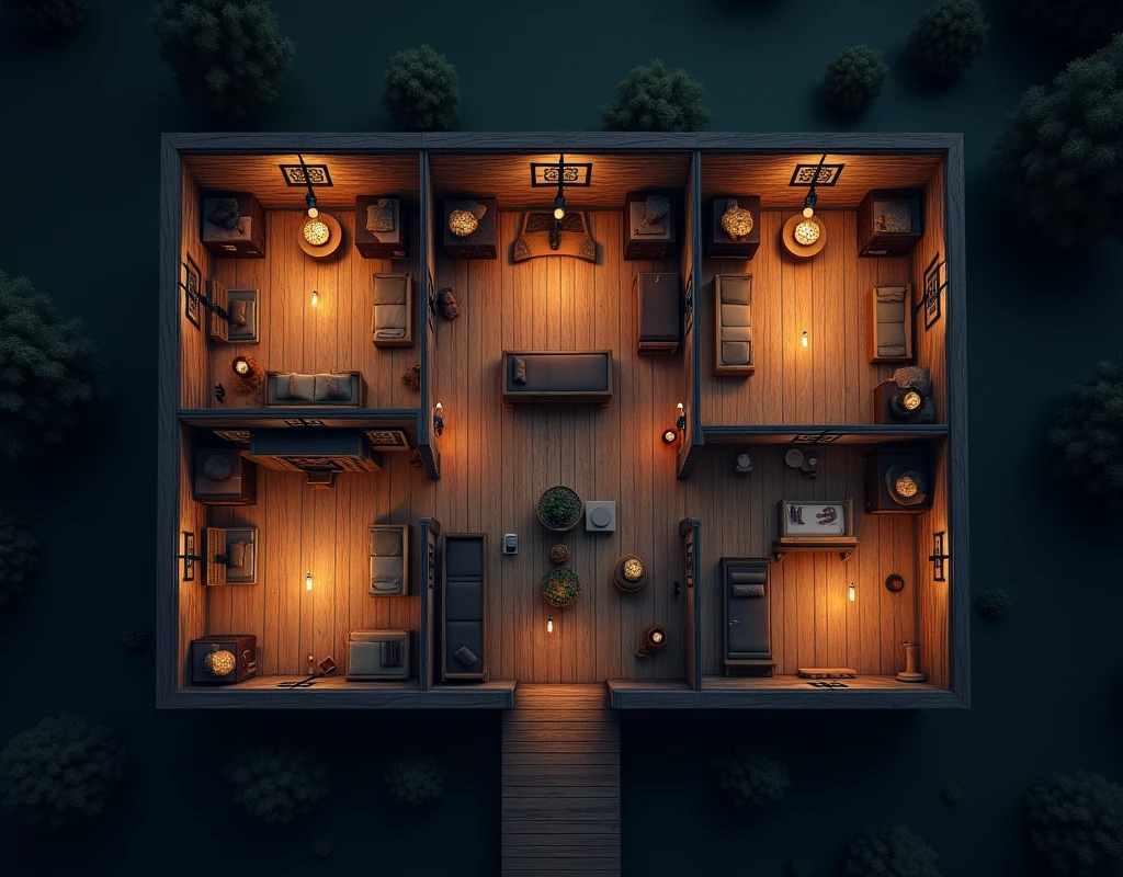 vampire the masquerade, map rpg, ((map of the plan inside a wooden house, large, big wood doors, with three bedrooms, a small room, a living room, two bathrooms)), game art, birdseye straight top-down shot from a drone, battlemap, current modern theme, seen from above, role-playing game, empty location, nighttime environment, (with realistic proportions and textures, intricate details, handdrawn, vibrant, cinematic lighting, masterpiece, 8k:1.2)