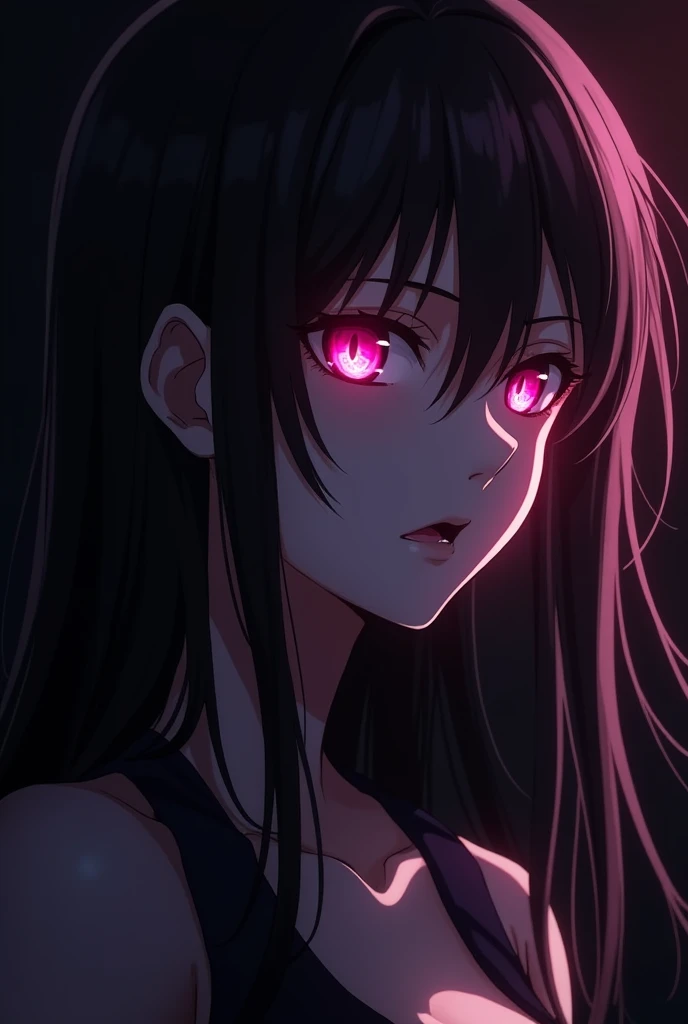 New feMale anime character with dark background,ponk glowing eye, soft angry mood, handsome looks, a little white body skin