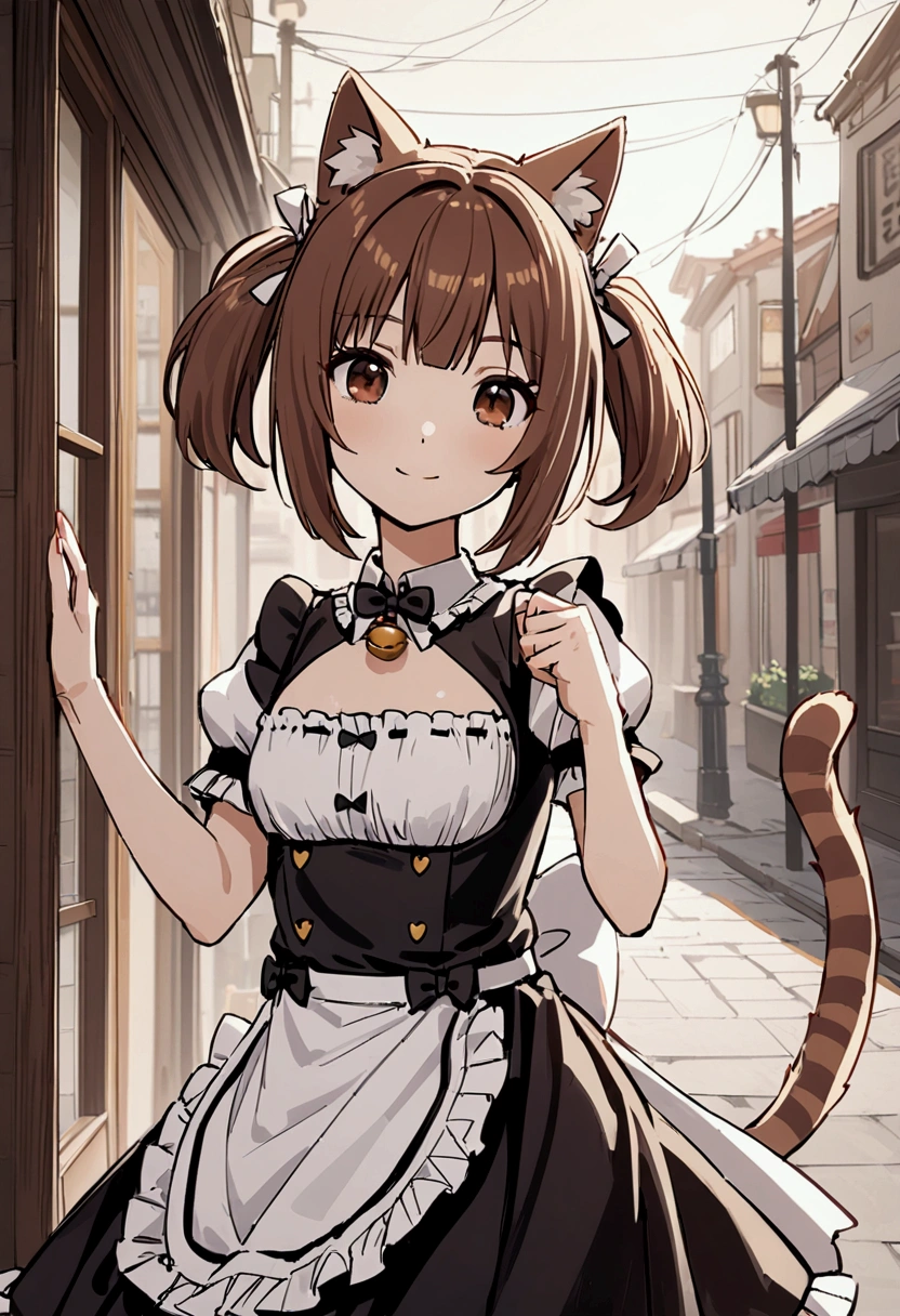 Azuki, 1 girl with short brown hair, short hair, brown eyes, cat ears, cat striped tail, maid uniform, very small pigtails, cafe on background, smile