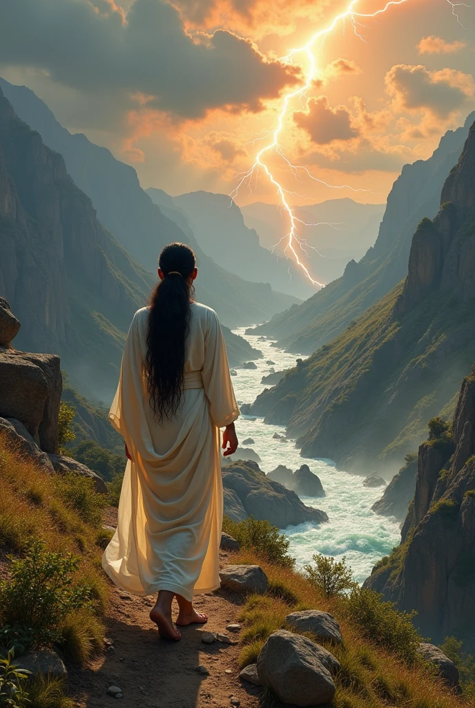 An indian young women wearing white saree with long thick black hair braided upto her waist and her covered with veil walking in a direction where Jesus in Hebrew dress attire walking and guiding the young girl in his direction in the wilderness mountain view and rivers flowing in a fierce firy atmosphere with a background of clouds shining with thunders naturally occurring