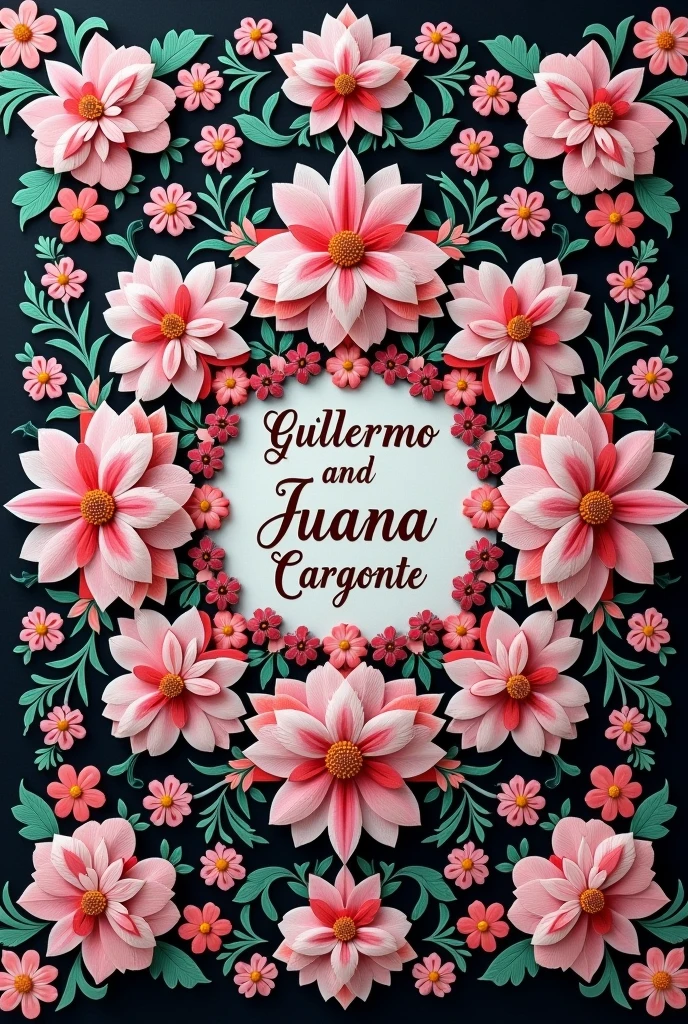Mandala type, I want a sketch of pink flowers or some nice proposal to embroider with wool and by hand and in a colored way on a square fabric, that the base is a nice color but by no means black And that in the center it says:
Guillermo and Juana Cargonte In honor of the Virgin of the Snows of Umamarca and finally say: Rdo. Sachi Mady Quispe Chipana