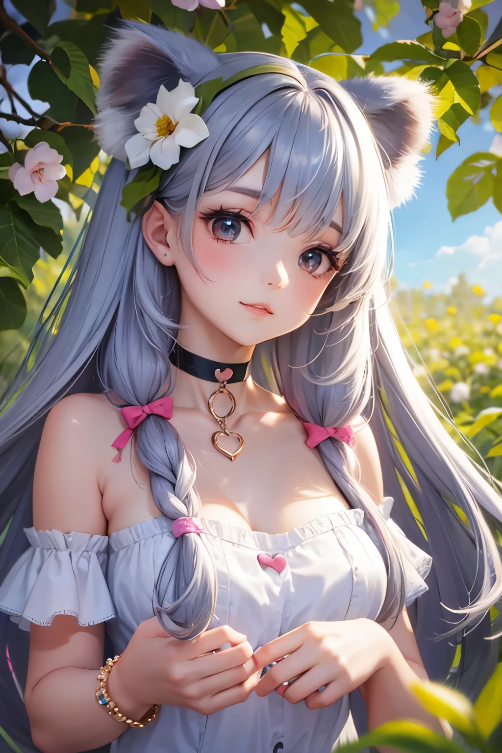 A cute and beautiful girl in a koala costume with a heart-shaped choker, in a beautiful flower field