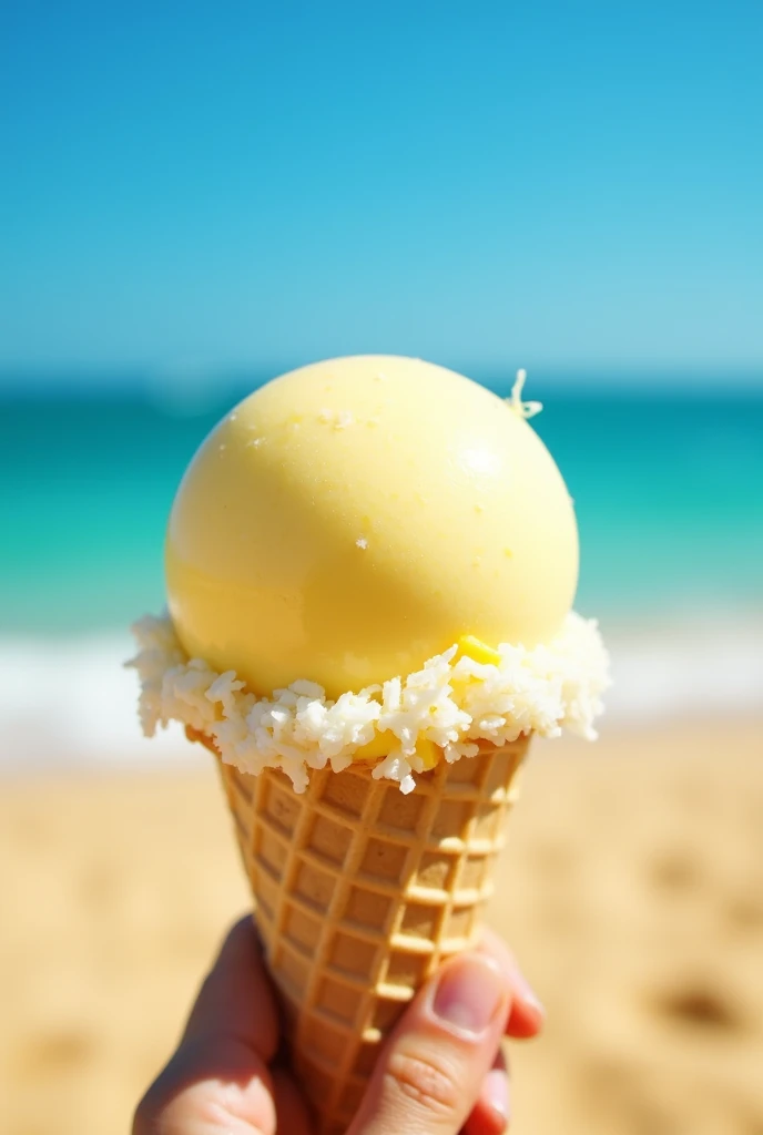 generates a smooth circular shaped natural fruit ice cream ball, Coconut and pineapple flavor, that is of two colors white and yellow mix them a little
