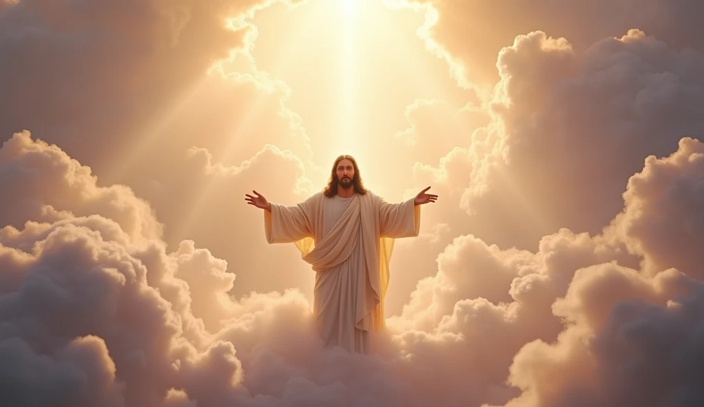 jesus christ in the middle of the clouds with the sky opening