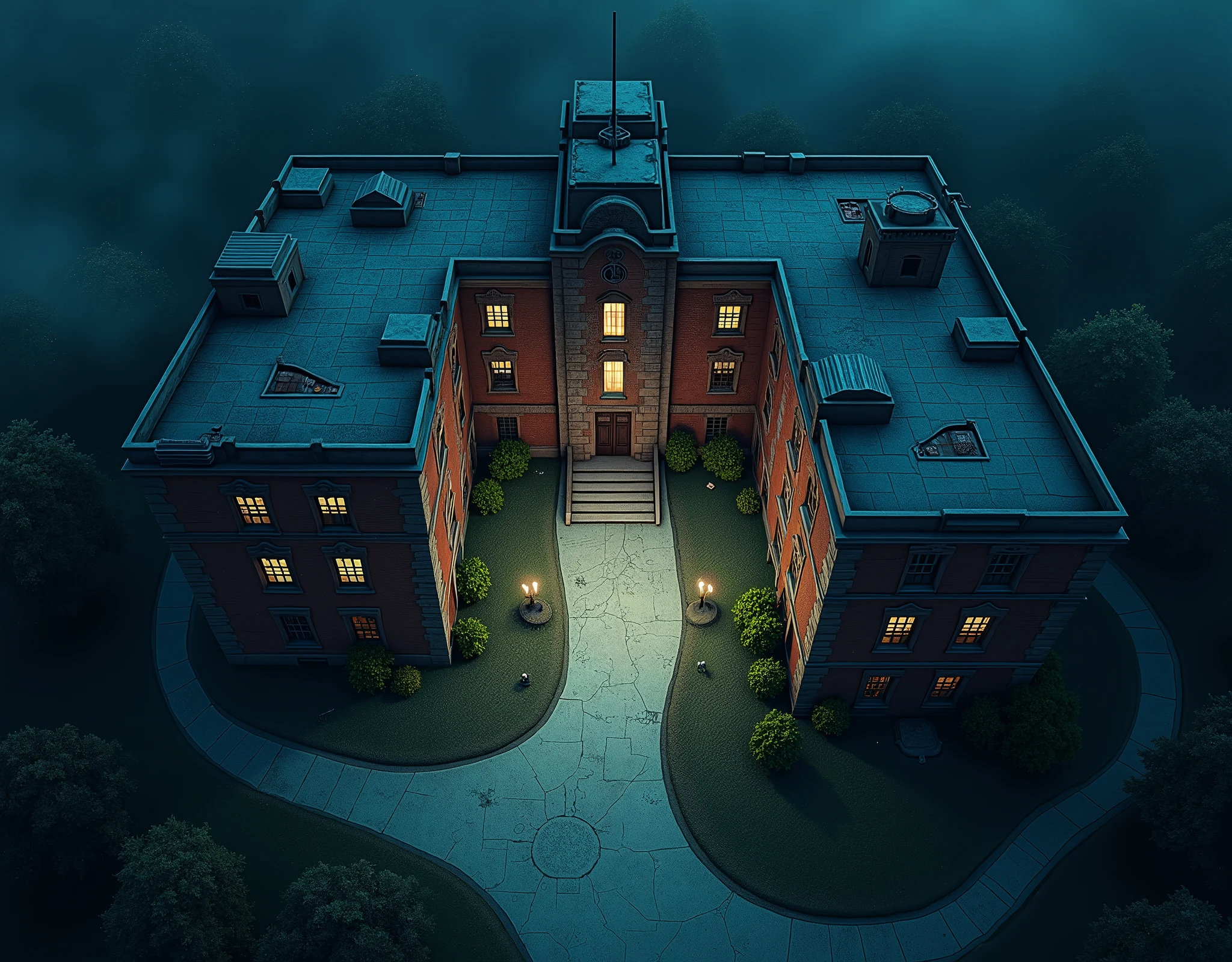 vampire the masquerade, map rpg, ((Map of a large hospital seen from the outside.)), game art, birdseye straight top-down shot from a drone, battlemap, current modern theme, seen from above, role-playing game, empty location, nighttime environment, (with realistic proportions and textures, intricate details, handdrawn, vibrant, cinematic lighting, masterpiece, 8k:1.2)