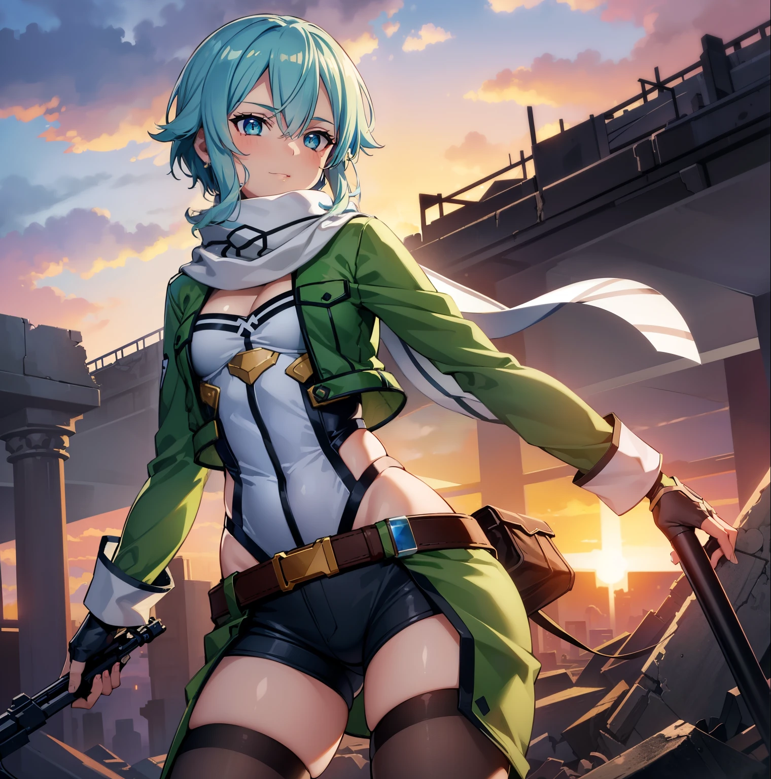 ((1girl)),((alone)),sinon asada, (Hatarsku maou sama),(masterpiece), (best quality), (ultra detailed), (best illustration), (best shadow), (absurdities), sharp focus, cowboy shot, atmospheric perspective, depth of field, dynamic posture looking at viewer, medium breasts, narrow waist, wide hips, wide thighs, round butt, erotic, romantic, (very detailed eyes, 1.1 lips), very detailed, eyes, Very detailed face, Very beautiful face, Symmetrical face, Aesthetic face, perfect face, perfect eyes, detailed eyelashes: 1.5), full height, beautiful slim figure, femininity, expressive appearance, elastic medium breasts, sexuality, half-open lips ,scarf, short hair, pale blue hair, indigo eyes, fingerless gloves, long sleeves, shorts, hair ornament, hair clip, green socks, green jacket, thigh strap, cowboy shot, gun, sniper rifle, ,curves, defined body,Perfect and beautiful body, perfect and beautiful, closed mouth, flirtatious expression, smile, blushing, (sexy pose: 1.2), ((solo)), standing: 1.3,((outdoor,flat,ruins, destroyed city, war field, grass, clouds, sunset)), looking forward, ((focus on thighs)), point of view: (from below), perfect anatomy, perfect hands