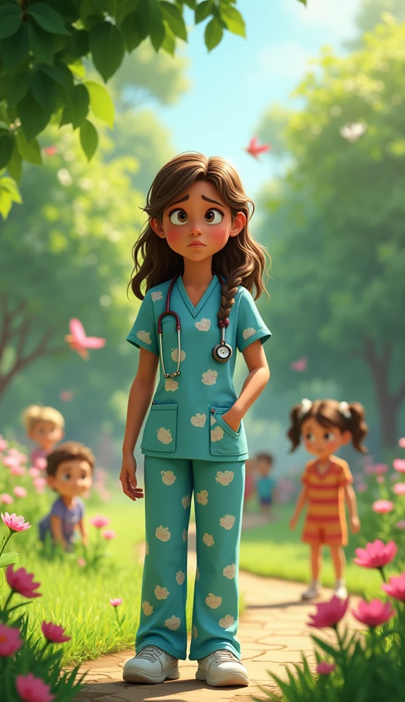 a worried nurse at a park, pixar style, cinematic,masterpiece, high-aesthetic, realistic