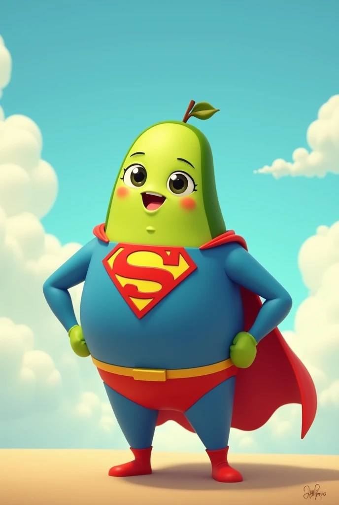 Create an avocado in a superman suit. animated art 