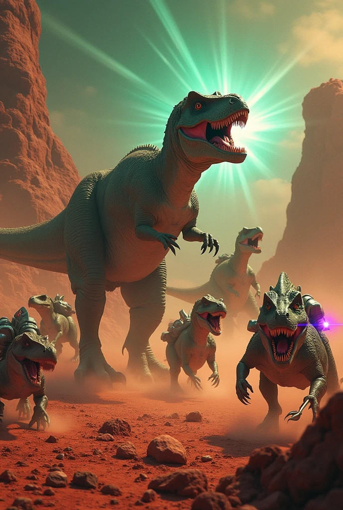 Dinosaur army fighting aliens on planet Mars, dinosaurs with bladed weapons and aliens with laser weapons