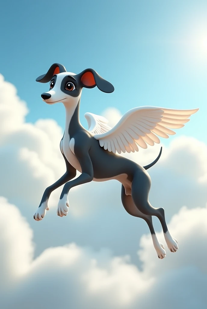 greyhound dog character, eyes black, grown-up, black ears, white snout, hindlegs, black tail and back, around the neck chest and front legs all white, black ears, long muzzle, cachorro grande grown-up, Scrawny, comprido, hairless, white paws and front legs, with white angel wings, flying with sky and clouds background, animation character, stylized character, animation style rendering, 3d stylized, Arnold Maya rendering, Stylized 3D rendering, toon render screenshot, 3d character, 3d character, Stylized 3D rendering, 3D character rendering, cartoon character, Personagem de close up, character posing, (Pixar-style) (master part:1.2) (bokeh) (best quality) (skin detailed) (detailed texture) (8k) (Argilla) (cinematic lighting) (sharp focus