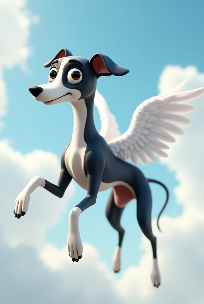 greyhound dog character, eyes black, grown-up, black ears, white snout, hindlegs, black tail and back, around the neck chest and front legs all white, black ears, long muzzle, cachorro grande grown-up, Scrawny, comprido, hairless, white paws and front legs, with white angel wings, flying with sky and clouds background, animation character, stylized character, animation style rendering, 3d stylized, Arnold Maya rendering, Stylized 3D rendering, toon render screenshot, 3d character, 3d character, Stylized 3D rendering, 3D character rendering, cartoon character, Personagem de close up, character posing, (Pixar-style) (master part:1.2) (bokeh) (best quality) (skin detailed) (detailed texture) (8k) (Argilla) (cinematic lighting) (sharp focus