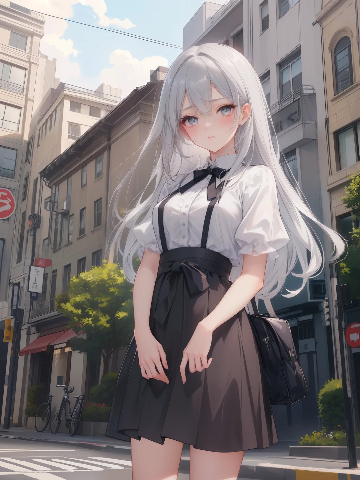 A pensive girl with striking grey eyes, grey hair, woman in a skirt and blouse standing on a street corner, standing in a city center, anime visual of a cute girl, cute anime waifu in a nice dress, an anime girl, young anime girl, (looking at viewer), A pensive girl with striking grey eyes, furrowed brow, intricate facial details,  highly detailed, 8K, masterpiece, emotional portrait