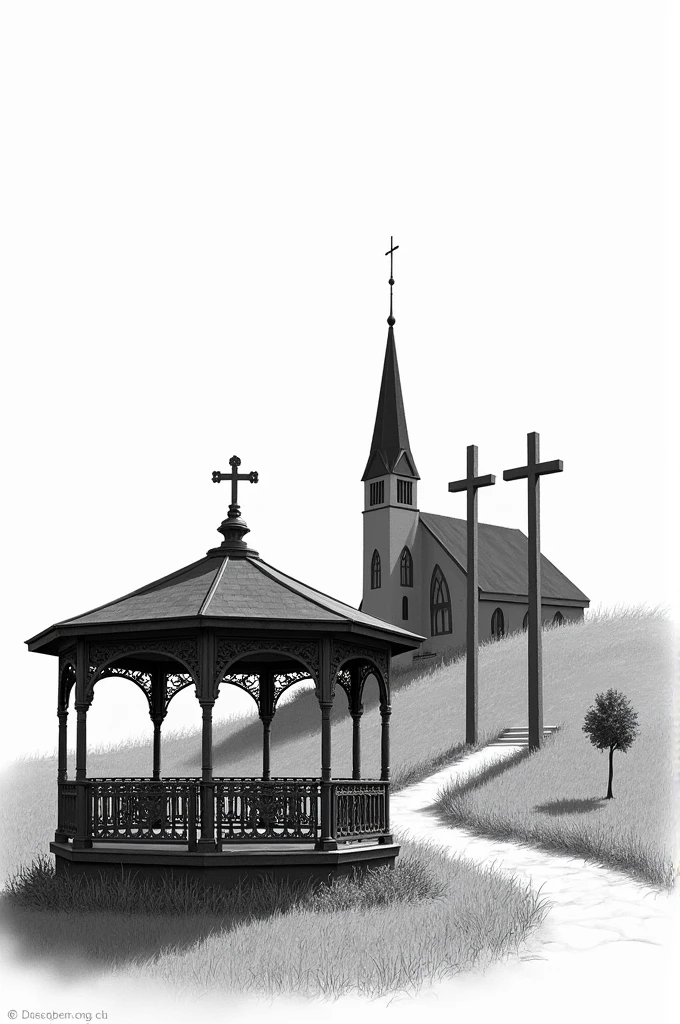 I want a black and white drawing of a church on top of the hill. There, next to the church, two tall crosses. In front of them a bandstand