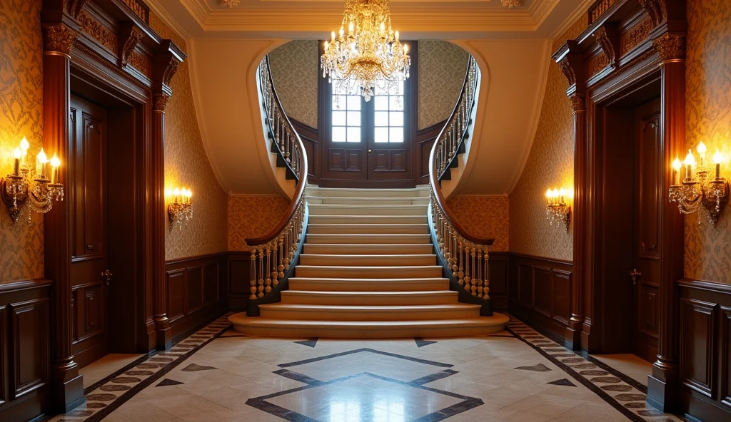 A mansion main entrance a stairway leading up to second floor, it has candle and a chandelier hanging from the ceiling, doors to the west and east
