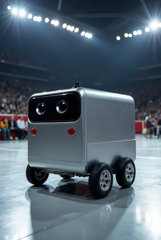 generate a box that has a metallic appearance, that has two rear wheels, only with two rear wheels, without front wheel. It has to be a sumobot. The wheels should be smaller, It should only have two rear wheels, the front is supported directly on the ground. It has to be a box