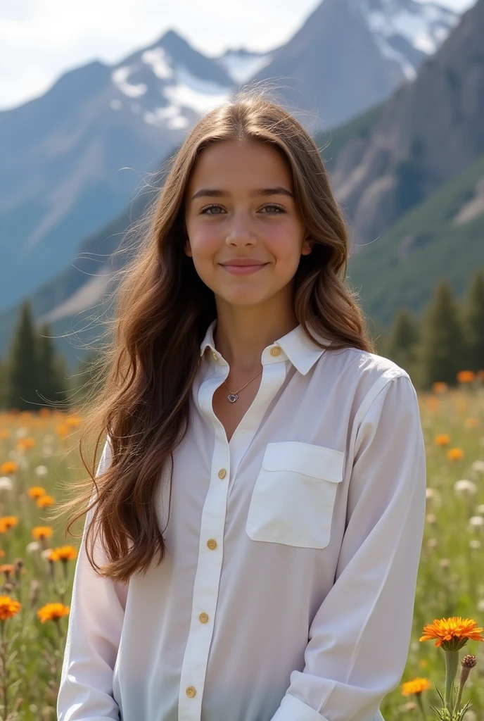 17 year old girl with long face, pale skin, wavy brown hair and brown eyes, dressed in long sleeved white button up shirt, background of Utah mountains