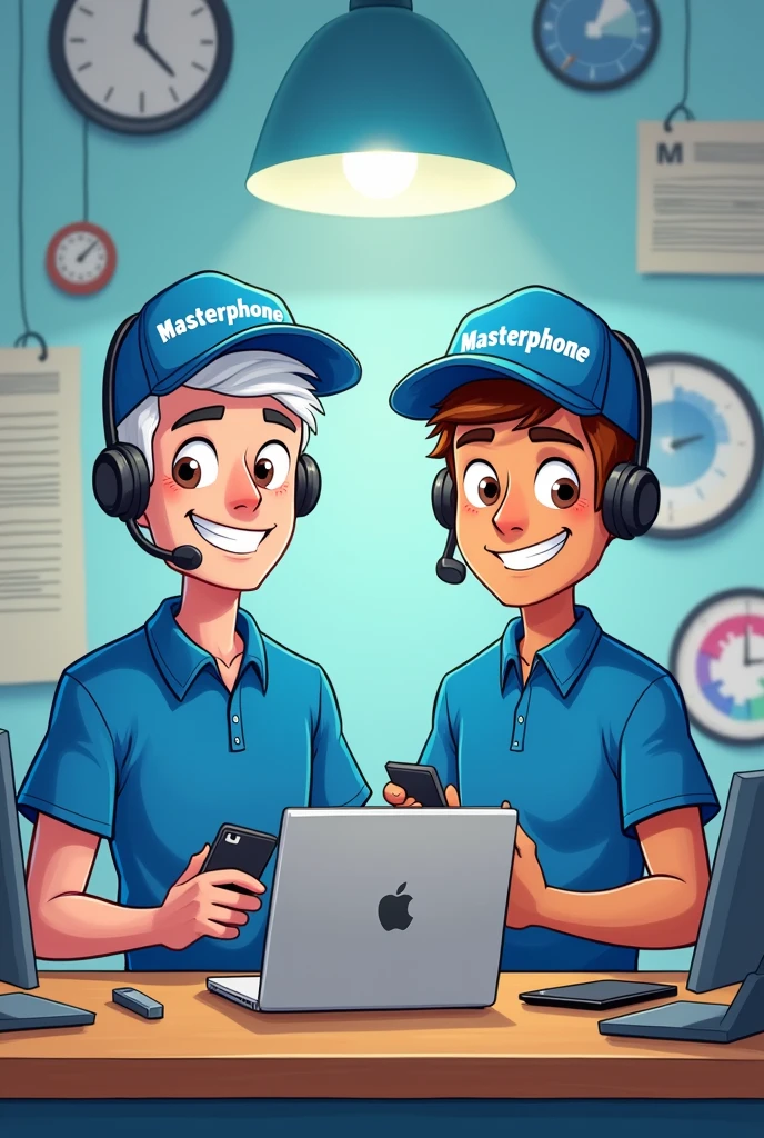 For me, the image of two men behind a counter at a telephone technical support center, one of the men with very short white hair and the other with brown hair, and both wearing a blue cap with the word masterphone written on it., And also Blue polo shirt and the guy with white hair fiddling with an Apple notebook And the other one with brown hair fixing a phone, I want them both looking at the camera and I want the image to be like an animated cartoon 