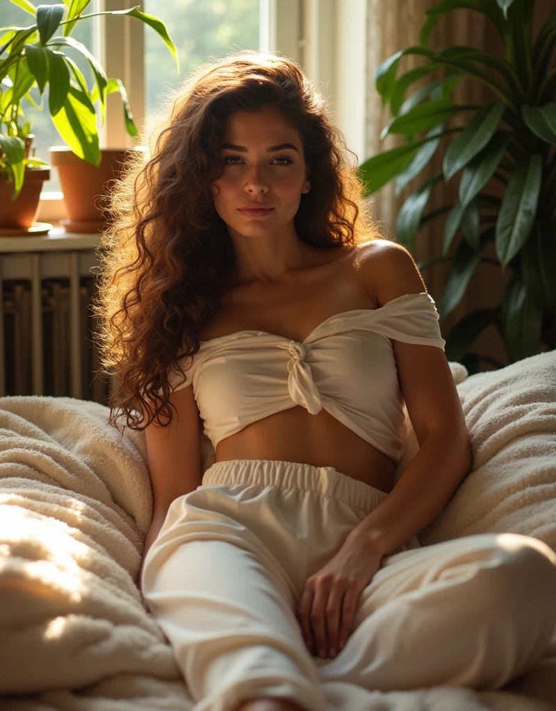 (photorealism:1.2), beautiful woman, sitting on bed, wearing loose off-shoulder top, pajama pants, long curly hair, indoors, soft lighting, plants in background, window with sunlight, cozy room, relaxed pose, realistic, intricate details, warm colors, by Greg Rutkowski, by Alphonse Mucha
