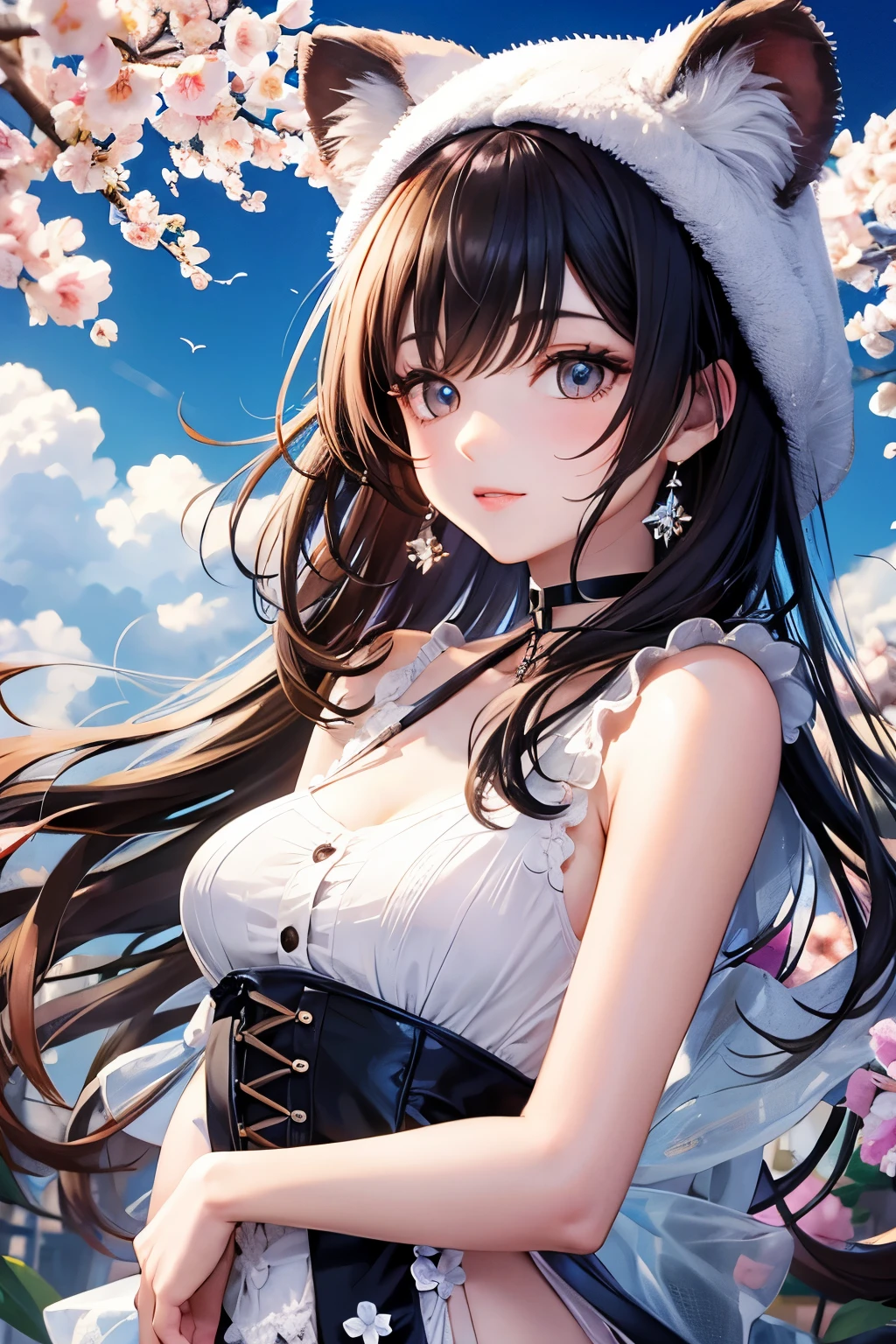 A cute and beautiful girl in a koala costume with a heart-shaped choker, in a beautiful flower field