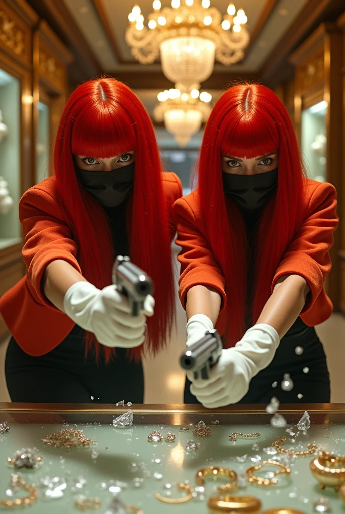 2 famme qui porte une perruque de cheveux roux Lons et qui porte des gants blan jetable et Lons avec masque qui font un braquage dans une bijouterie qui brise la vitrine pour ramses les bijoux avec des pistolet