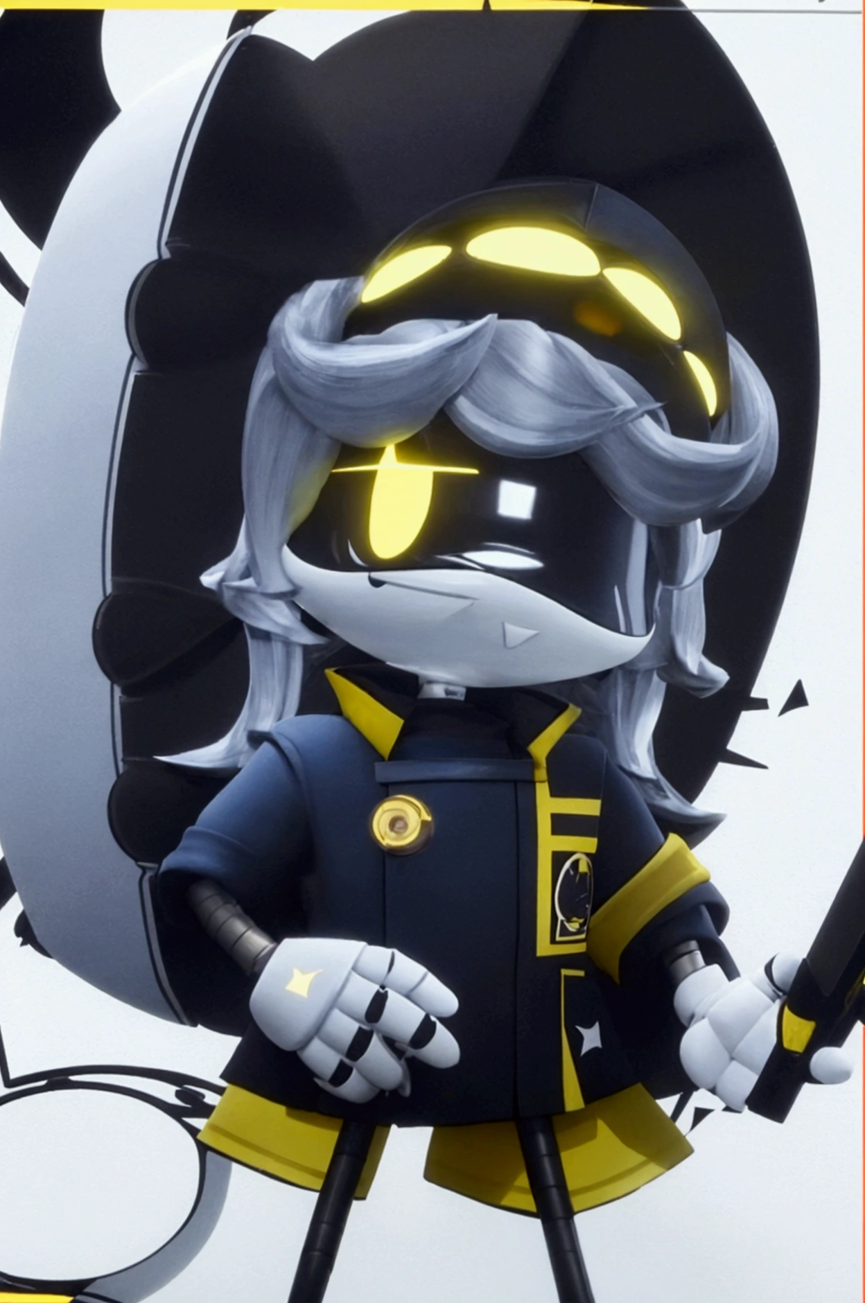 A drone with a yellow eyes And wearing a chef’s uniform and hat as well as a waning crescent moon pattern print taking up half the right side of the face; And a small crack was on the left side of his visor with the left eye is extinguished.