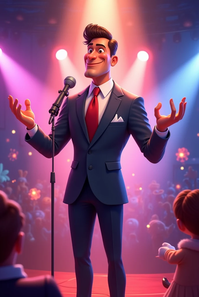 ANIMATED NARRATOR in suit and microphone
