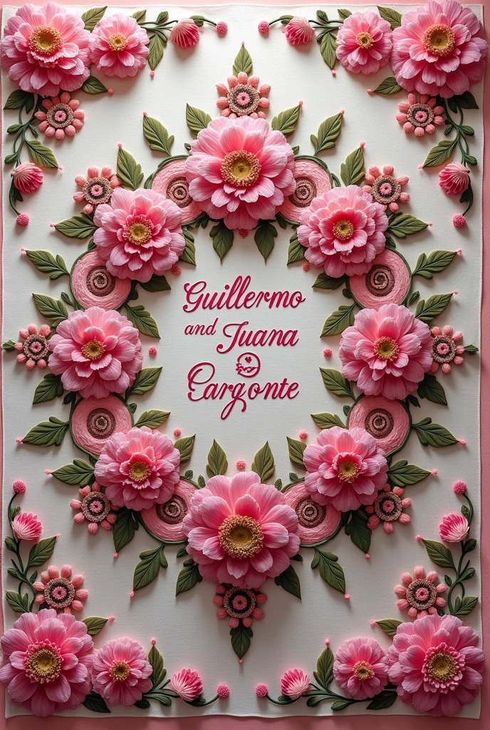 Mandala type, I want a sketch of pink flowers or some nice proposal to embroider with wool and by hand and in a colored way on a square fabric, that the base is a nice color but by no means black And that in the center it says:
Guillermo and Juana Cargonte In honor of the Virgin of the Snows of Umamarca and finally say: Rdo. Sachi Mady Quispe Chipana
