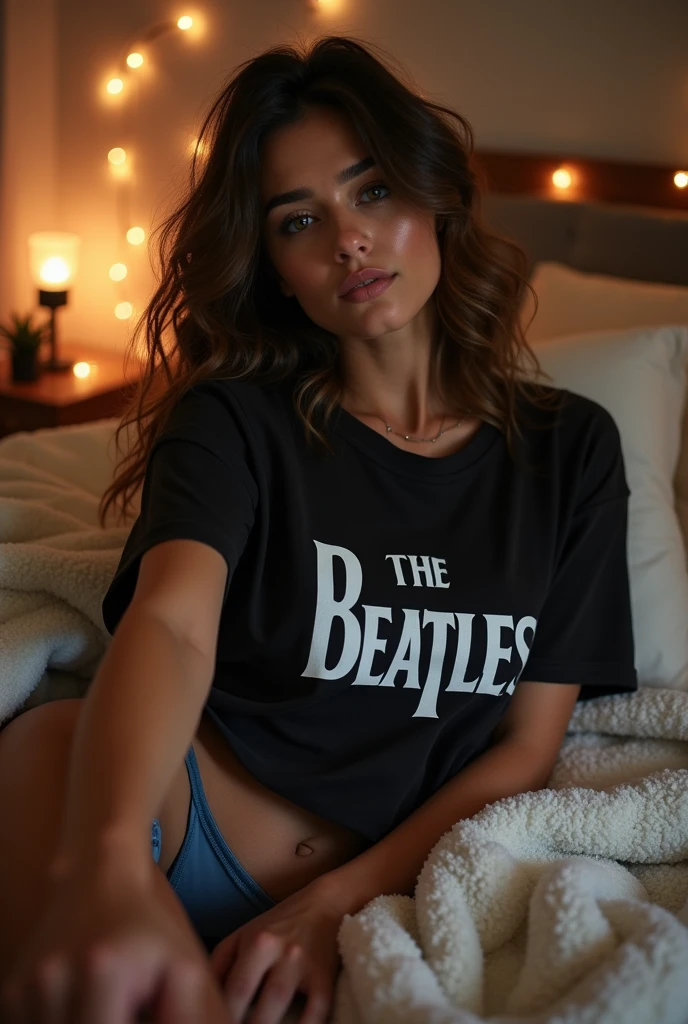 Brunette female influencer, POV selfie, laying down relaxing, blankets at her waist, wearing a black Vintage Beatles Abby Road t-shirt with white lettering, and blue satin string thong panties, camera flash, night time, in bed, taken with an iPhone 15