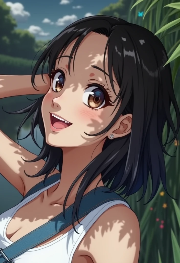 Anime Style,child,Around 13 years old,Elementary school girl,Young,Asian Girl,beautiful girl,Brown skin,Slightly tanned,Very black hair,Short Hair,Thin white tank top,Shoulder straps,Big Breasts,Super Breasts,L-cup breasts,Long I-shaped cleavage,Floating nipples,Chest protrusion,Shirt tucked in,Blue denim shorts,Thighs,smile,low length,Baby Face,Only the chest developed.,Summer vacation,countryside,rice paddy field in the background