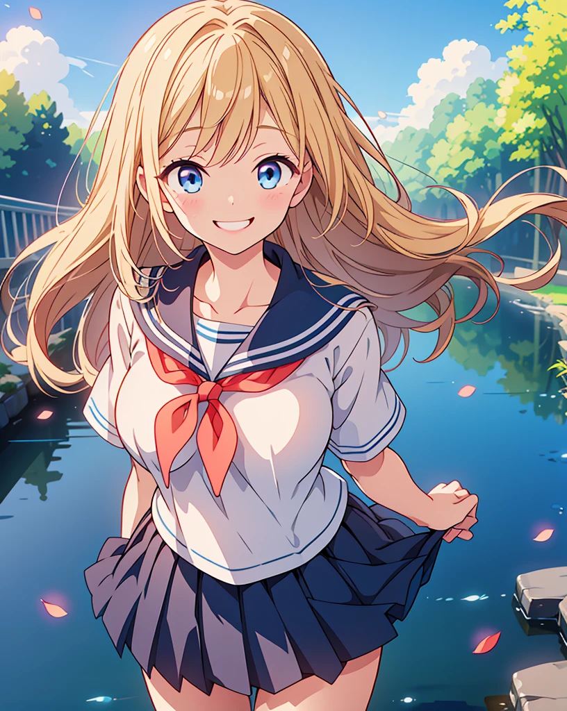Highest quality, 32K, High resolution, masterpiece:1.5, A cute Japanese, Cute anime-style illustration, Rich emotional expression, An exceptionally beautiful face, , Perfect Human Anatomy, Big light blue eyes, Motherhood and generosity, Deep Love, Wake up, Expressing emotions, Have a rich imagination, Cute Japan, Perfect Human Anatomy, Magical big eyes, Motherhood and generosity, Deep Love, ((A mischievous smile:1.6)), Shiny Blonde, Super long straight silk hair swaying in the wind, Asymmetrical bangs, Hair between the eyes, Transparent, soft white skin, Sharp eyebrows, Thin lashes, Natural Makeup, Cheek highlighter, Detailed and cute lips, (Short-sleeved sailor uniform:1.3), ((Navy blue pleated skirt:1.1)), Slim figure with ample breasts, Beautifully detailed skies, ((Vibrant petal effect:1.2)), mysterious