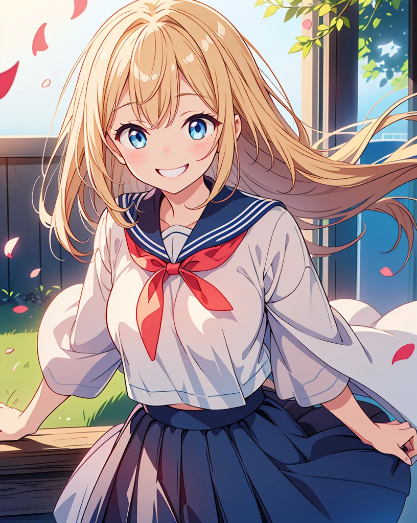 Highest quality, 32K, High resolution, masterpiece:1.5, A cute Japanese, Cute anime-style illustration, Rich emotional expression, An exceptionally beautiful face, , Perfect Human Anatomy, Big light blue eyes, Motherhood and generosity, Deep Love, Wake up, Expressing emotions, Have a rich imagination, Cute Japan, Perfect Human Anatomy, Magical big eyes, Motherhood and generosity, Deep Love, ((A mischievous smile:1.6)), Shiny Blonde, Super long straight silk hair swaying in the wind, Asymmetrical bangs, Hair between the eyes, Transparent, soft white skin, Sharp eyebrows, Thin lashes, Natural Makeup, Cheek highlighter, Detailed and cute lips, (Short-sleeved sailor uniform:1.3), ((Navy blue pleated skirt:1.1)), Slim figure with ample breasts, Beautifully detailed skies, ((Vibrant petal effect:1.2)), mysterious