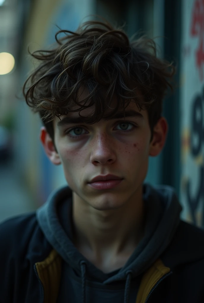 The face of a 19-year-old boy with a depressed and disappointed look The camera is at a low angle