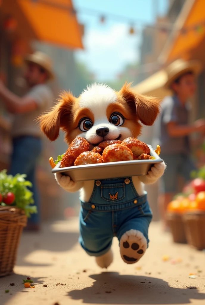 
  "prompt": "A brown and white puppy in denim overalls steals a tray of roast chicken and runs through the market. He looks shocked and runs for his life. Behind him, there are chicken vendors and other vendors chasing him. The wind effect is applied to the characters. Aspect ratio 9.:16