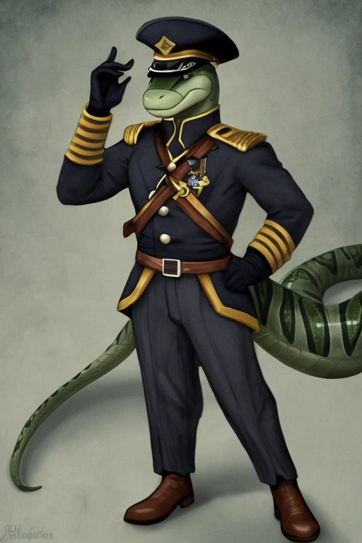 Green anthropomorphic snake, wearing a gray German captain&#39;s outfit, animation