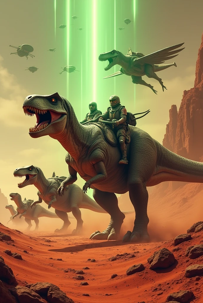 Dinosaur army fighting aliens on planet Mars