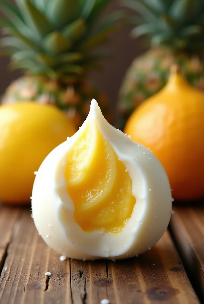 generates a smooth circular shaped natural fruit ice cream ball, Coconut and pineapple flavor, that is of two colors white and yellow mix them a little
