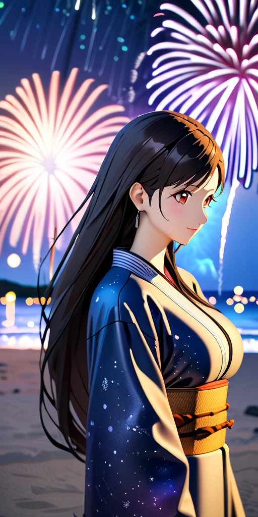 (((((tifa lockhart:1.5))))),((Highest quality、masterpiece、anime style、best quality、high resolution、8k、detailed、ultra-detailed:1.3))、Long legs:1.2, Beautiful woman with perfect figure:1.4、(Smiling:1.2), double eyelid、30-year-old female、((((One Woman,beautiful face,Beautiful face:1.5)))),Big Breasts、High resolution, accurate, Anatomically correct, High-resolution model, high quality, Very detailed, Ultra high definition、Black Hair、Straight Hair、Long Hair、(((summer、Starry Sky、Beach、long KIMONO、firework、Upper Body:1.1)))、solo,