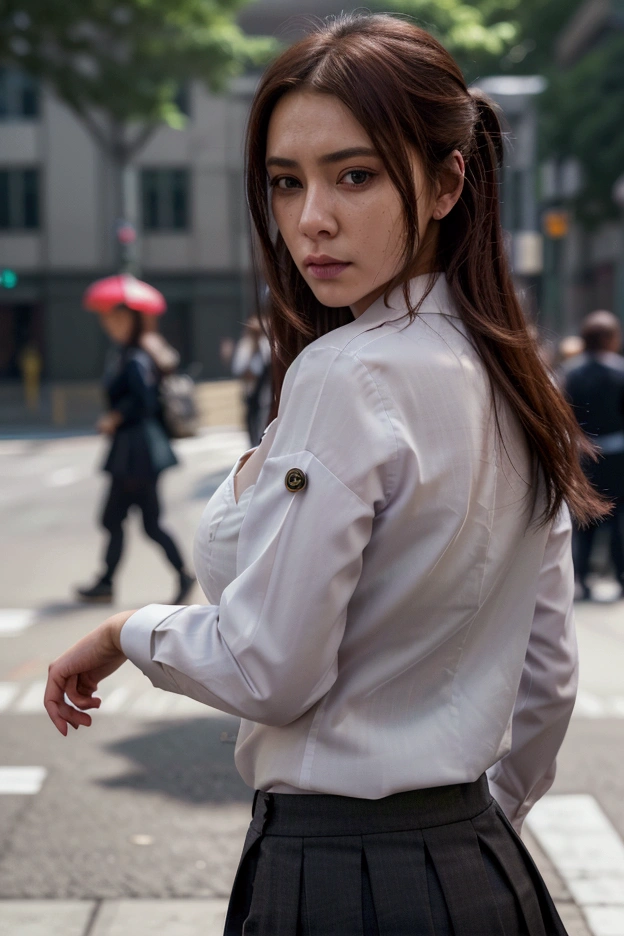(((realisitic fot))),, portraite, (afraid face:1.3),, beautiful girl, looking ahead at viewer, , (schoolar uniform:1.2), buttoned shirt and pants, , (Busty cleavage:1),, on the street of Japan, (ambient details:1.3),, (CRU photo, cg unity, fot, ultra realisitic details, sharp focus, skin detailed,4K, high resolution, work of art, best qualityer, realisitic, Vibrant:1.2),, (8k,4K, ultra HD, high resolution, proffesional, cinematic, film, Dramatic),, (anamorphic depth of field blur background), detailed back ground,