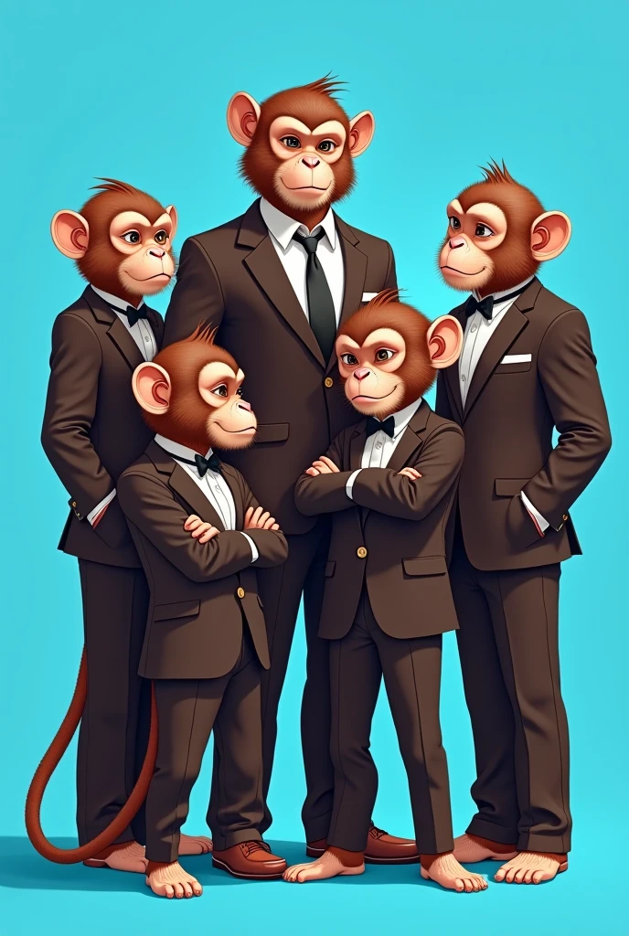 Make a picture of 4 female and 1 male monkeys using suits.  with brown fur and realistic anime design 
Looking for the camera using cold suits, blue background. Each one doing different poses  or different gestures 