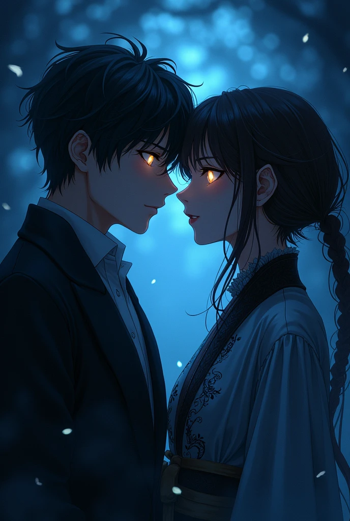 New Male and feMale anime character with dark background,glowing eye, soft angry mood, handsome looks, a little white body skin, stand together