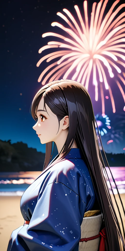 (((((tifa lockhart:1.5))))),((Highest quality、masterpiece、anime style、best quality、high resolution、8k、detailed、ultra-detailed:1.3))、Long legs:1.2, Beautiful woman with perfect figure:1.4、(Smiling:1.2), double eyelid、30-year-old female、((((One Woman,beautiful face,Beautiful face:1.5)))),Big Breasts、High resolution, accurate, Anatomically correct, High-resolution model, high quality, Very detailed, Ultra high definition、Black Hair、Straight Hair、Long Hair、(((summer、Starry Sky、Beach、long KIMONO、firework、Upper Body:1.1)))、solo, 
