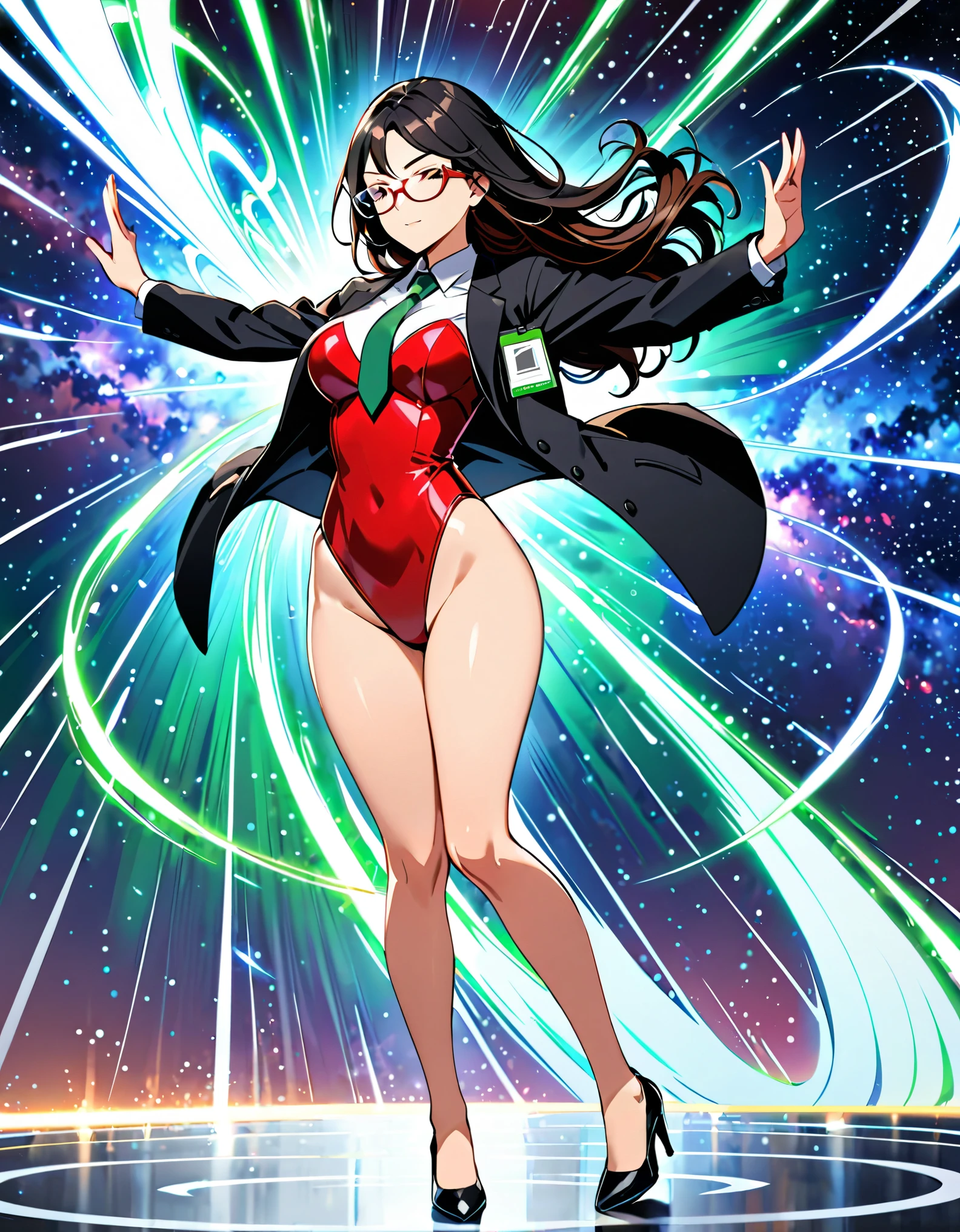 (masterpiece), (best quality), (high res), 1lady, tall body, beautiful detailed eyes, beautiful detailed face, (glasses, closed eyes), perfect hands, complete fingers, perfect anatomy, perfect proportions, (jet black hair with brown accents, hair down), (black suit jacket, open jacket, green necktie, reporter's id card), white shirt, (red leotard), bare legs, (shoes, matching shoes, high heels), breasts, medium breasts, (full body portrait), solo, solo focus, cowboy shot, outer space backdrop, full body costume design. serious expression. (raised arms, fast spin, dynamic whirl pose, spins fast in place like a tornado, whirls fast in place like a tornado, tornado whirling, spiral lines around her, speed lines around her, spinning energy pulse around her, storm winds around her, whirls into a tornado, she whirls at super speeds). Curved Sword Slash. she super-spins, whirlwind, light particles. ((back view, rear view, from behind)).