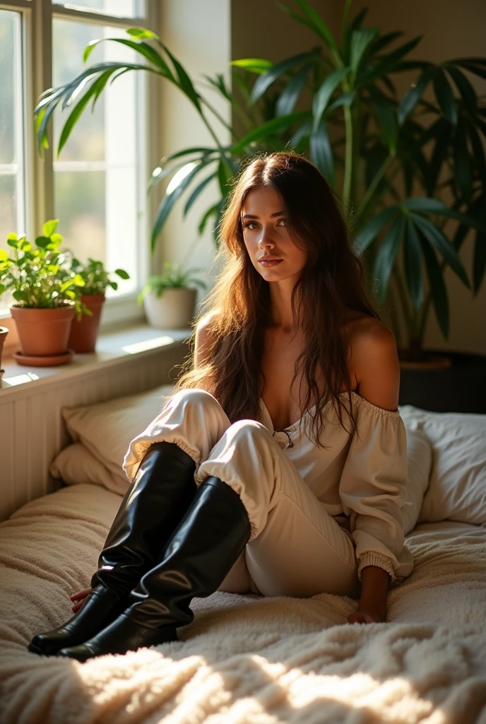 (photorealism:1.2), beautiful woman, sitting on bed, wearing a large black boots stomping a city and loose off-shoulder top, pajama pants, long hair, indoors, soft lighting, plants in background, window with sunlight, cozy room, relaxed pose, realistic, intricate details, warm colors, by Greg Rutkowski, by Alphonse Mucha