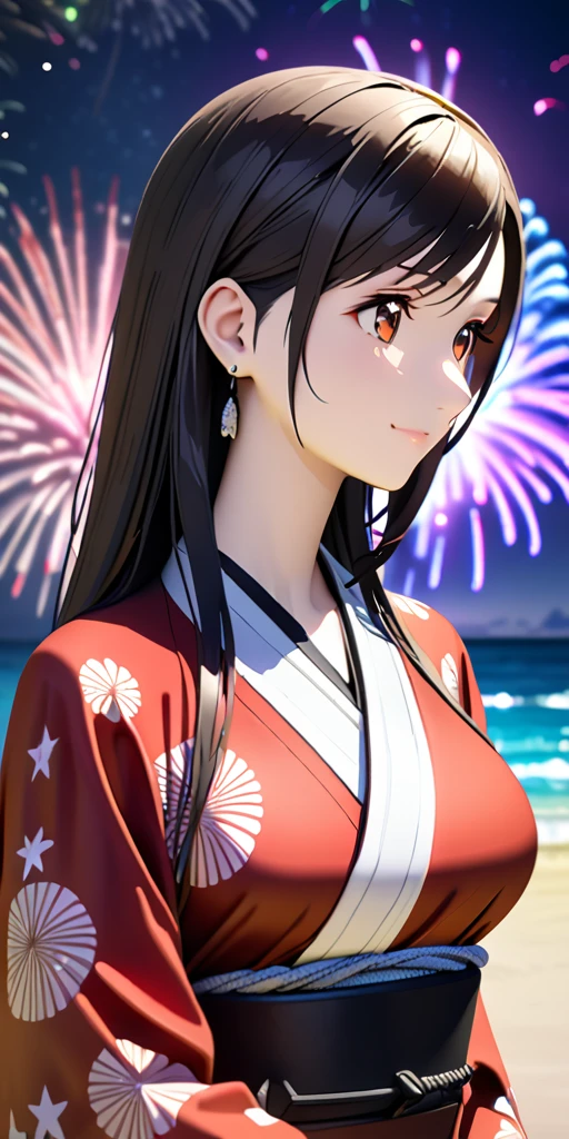 (((((tifa lockhart:1.5))))),((Highest quality、masterpiece、anime style、best quality、high resolution、8k、detailed、ultra-detailed:1.3))、Long legs:1.2, Beautiful woman with perfect figure:1.4、(Smiling:1.2), double eyelid、30-year-old female、((((One Woman,beautiful face,Beautiful face:1.5)))),Big Breasts、High resolution, accurate, Anatomically correct, High-resolution model, high quality, Very detailed, Ultra high definition、Black Hair、Straight Hair、Long Hair、(((summer、Starry Sky、Beach、long KIMONO、firework、Upper Body:1.1)))、solo,