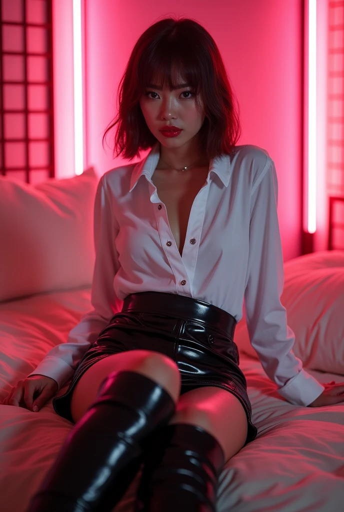 ((Chinese Idol)) 35 talents ((Plump, bright red lips with lipstick)) round face Heavy makeup Big Breasts Plump Brown hair short hair ((Looking into the camera)) Sit with your legs apart ((White button-up shirt with black patent leather tight skirt and black stockings)) ((Knee-high boots)) Skin and chest drenched in sweat (Sit on the futon with your legs spread open.) look down ((A bedroom with shoji and tatami mats lit up in pink neon lights)) Shooting from a camera angle seen from the floor