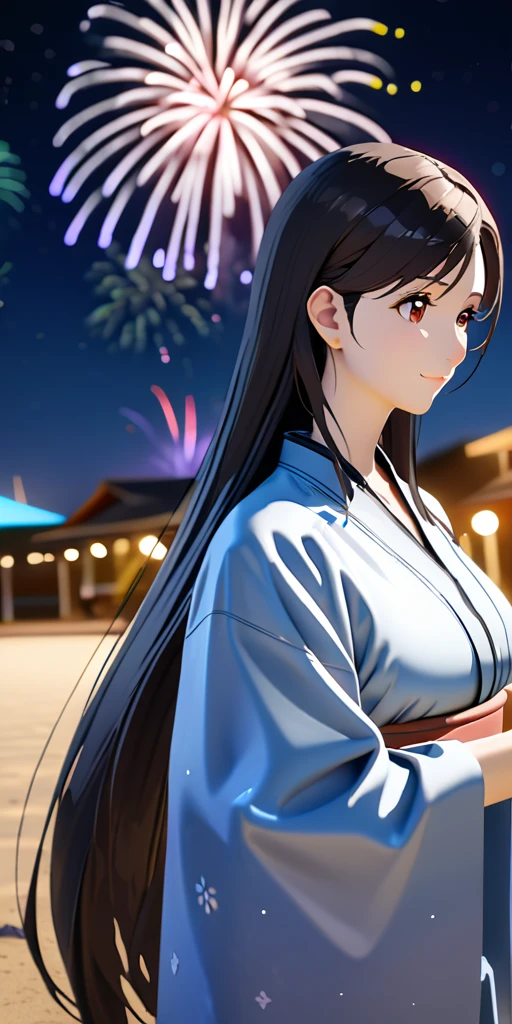 (((((tifa lockhart:1.5))))),((Highest quality、masterpiece、anime style、best quality、high resolution、8k、detailed、ultra-detailed:1.3))、Long legs:1.2, Beautiful woman with perfect figure:1.4、(Smiling:1.2), double eyelid、30-year-old female、((((One Woman,beautiful face,Beautiful face:1.5)))),Big Breasts、High resolution, accurate, Anatomically correct, High-resolution model, high quality, Very detailed, Ultra high definition、Black Hair、Straight Hair、Long Hair、(((summer、Starry Sky、Beach、long KIMONO、firework、Upper Body:1.1)))、solo,