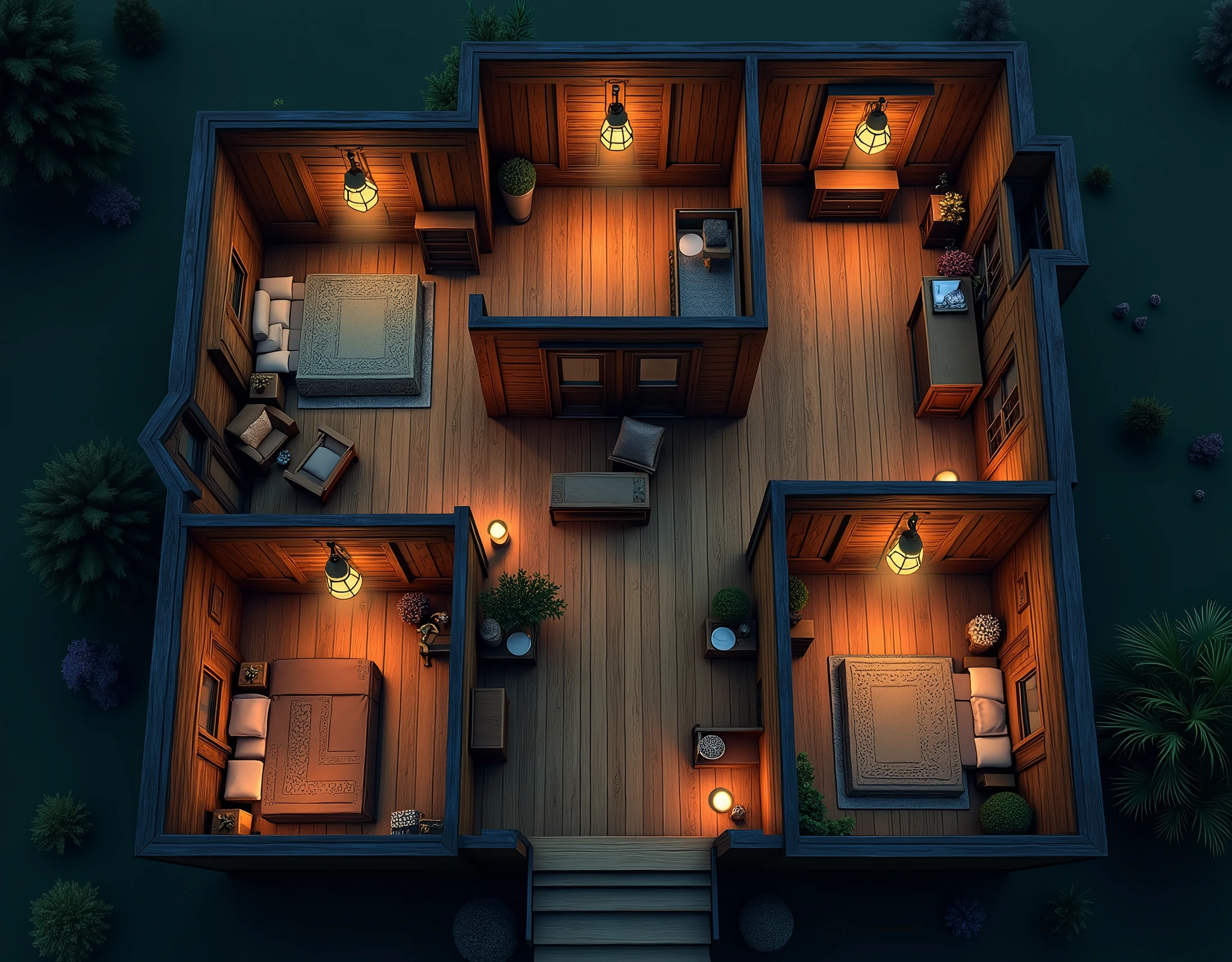 vampire the masquerade, map rpg, ((map of the plan inside a wooden house, large, big wood doors, with three bedrooms, a small room, a living room, two bathrooms)), game art, birdseye straight top-down shot from a drone, battlemap, current modern theme, seen from above, role-playing game, empty location, nighttime environment, (with realistic proportions and textures, intricate details, handdrawn, vibrant, cinematic lighting, masterpiece, 8k:1.2)