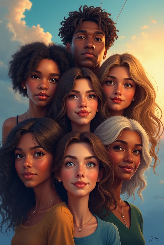 7 faces side by side connected by a line
