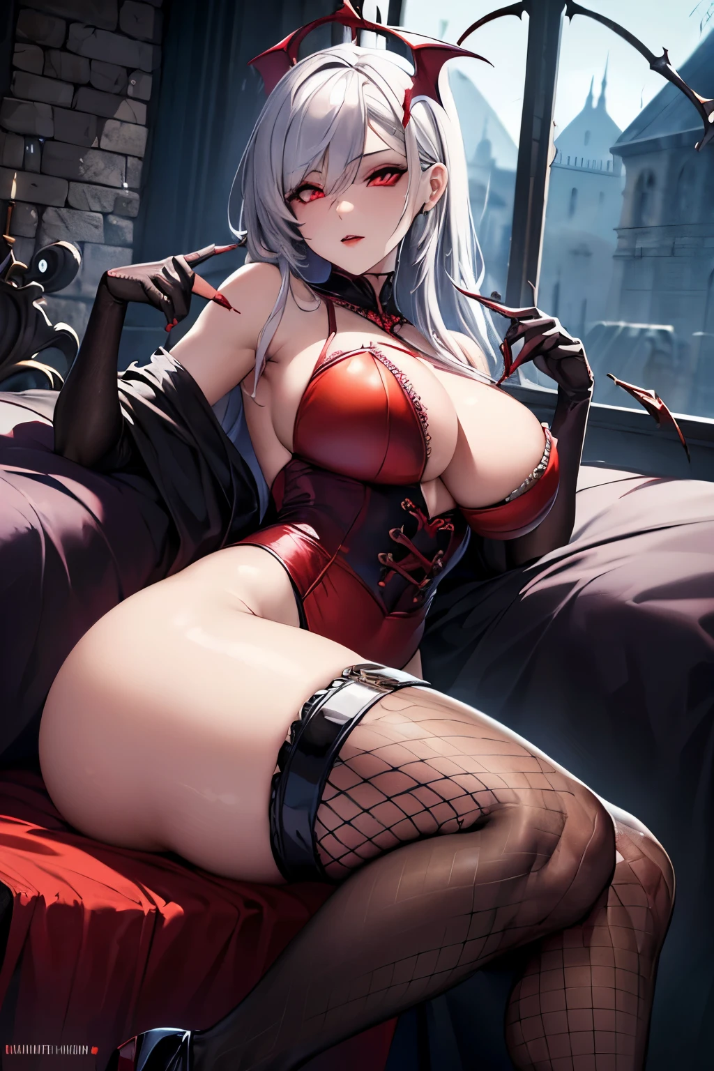 Woman, (monster female:1.1), (sexy vampire:1.2), (sitting on a throne), spreading legs, looking at viewer, white skin, (glow red eyes:1.1), (gothic dress:1.1), (string corset:1.1), (thigh highs:1.1), (blood and bleed on skin:1.2), (candlelight), (leather heels:1.1), (fishnets gloves:1.2), (detailed gloves), (red crystal ball:1.1), bats, red particles, (blood magic:1.2), tilted angle, moody lighting, flouting, suggestive pose, window, professional lighting, science fiction, perfect quality, high quality, photorealistic, sitting, orange and blue hue, (abstract), (detailed face and eyes:1.2), (perfect anatomy), (round breasts), (bubble butt), (wide hips:1.1), (slim waist:1.1), (thick thighs:1.1), (detailed background), (perfect nails:1.1), (detailed hand and finger:1.2), (medium breasts:1.2), (busty), (deep cleavage:1.2), (labia outline:1.3), (hard teat:1.3).